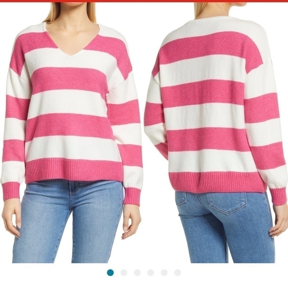 VINCE Camuto Striped V-neck Sweater - Picture 1 of 7